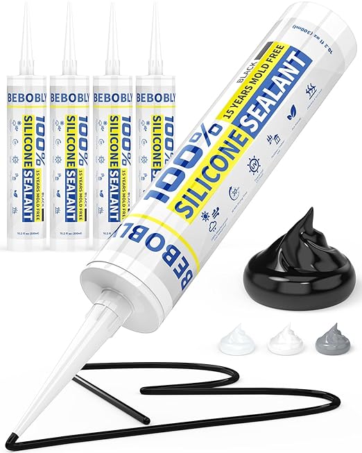BEBOBLY Black Silicone Caulk & Sealant, 100% Waterproof Silicone Caulking, Silicone Sealant Caulking for Kitchen, Bathroom, RV, Interior & Exterior Use, Shrink & Crack Proof, 10.2 FL. OZ/300ML, 4 Pack