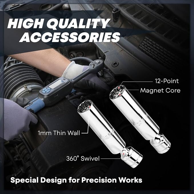 3/8 Torque Wrench Digital (5.02-99.6 Ft.Lb)±2% High accuracy Spark Plug Socket & Tire Inch Pound Torque Wrench 3/8 Drive with Buzzer and Colorful LED Indicator&Track Mode for Moto Auto Car