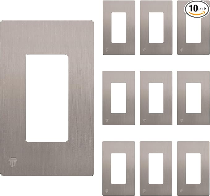 ENERLITES Elite Series Screwless Decorator Wall Plate Child Safe Outlet Cover, Glossy, Size 1-Gang 4.68" H x 2.93" L, Unbreakable Polycarbonate Thermoplastic, SI8831-BNK-10PCS, Brushed Nickel 10 Pack