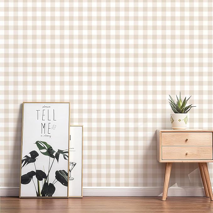 Plaid Wallpaper Peel and Stick, Beige, 17.7"x197" | Self Adhesive, Vinyl, Removable, Boho Contact Paper, Checkered Wall Paper for Bedroom, Living Room, Bathroom