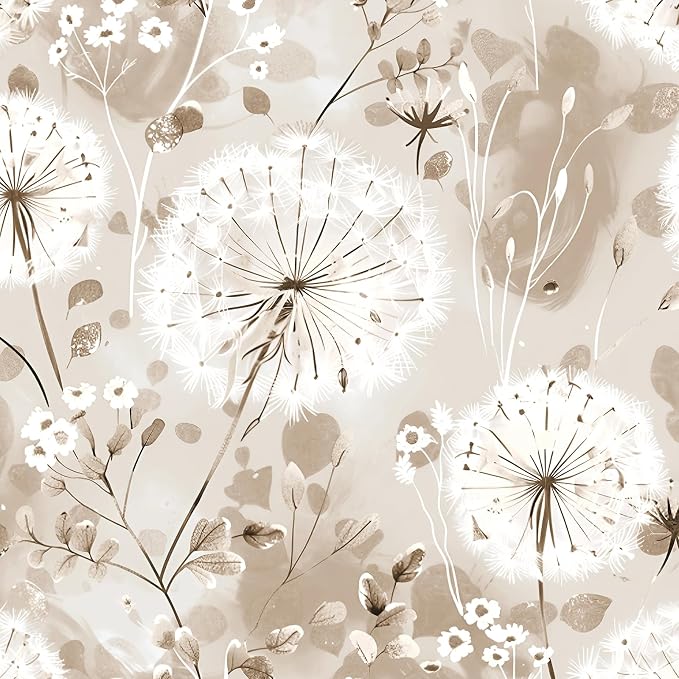 Nukofal Floral Peel and Stick Wallpaper Dandelion Wallpaper Floral Contact Paper 16.9"x393.7" Vintage Brown Wall Paper Peel and Stick Boho Self Adhesive Removable for Cabinet Bedroom Decor Vinyl