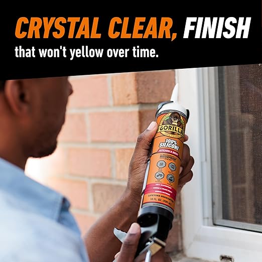 Gorilla 100% Silicone Caulk Kitchen & Bath Sealant, Mold Resistant, 10 oz. Cartridge, Clear