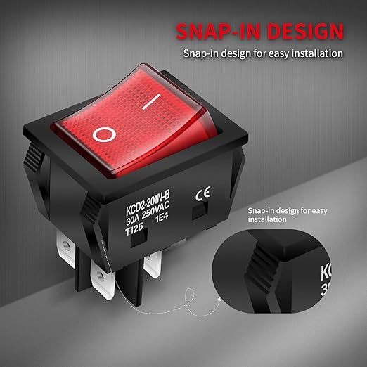 DaierTek 30A 250V KCD2 KCD4 Rocker Switch DPST 4 Pin Red Lighted 120V Rocker Toggle Switch ON Off Heavy Duty T125-3Pack