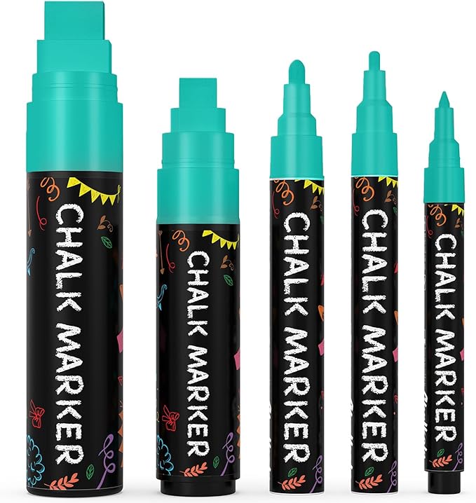 Chalkola 5 Teal Chalk Markers - Dry Erase Markers for Blackboard, Chalkboard Signs, Windows, Glass, Car | Variety Pack - Chalkboard Chalk Pens, Fine & Jumbo Size Ink Pen (1mm, 3mm, 6mm, 10mm, 15mm)