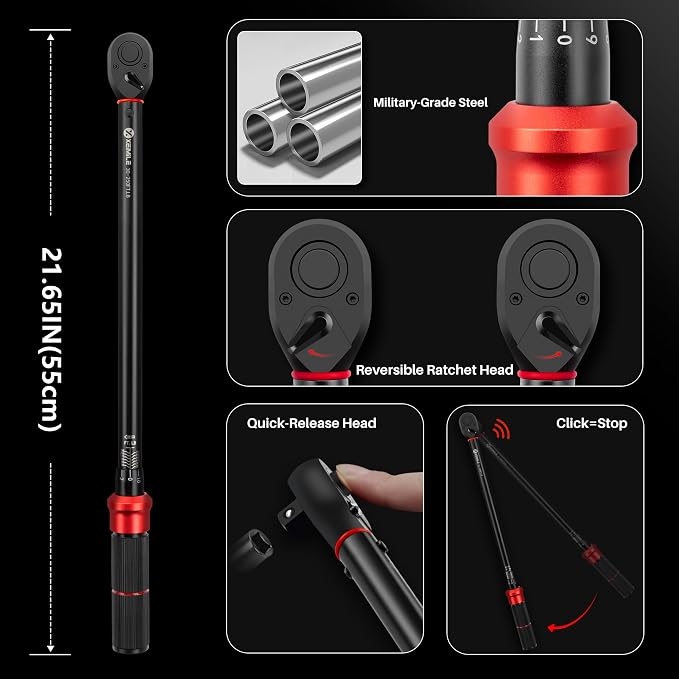 1/2-Inch Drive Click Torque Wrench-30-250Ft.Lb for Car Truck Repair | Adjustable Inch Pound Wrench (40-339Nm), Dual Range 72T Dual-Direction, 3% Precision for Motorcycle Heavy Equipment Farm DIY