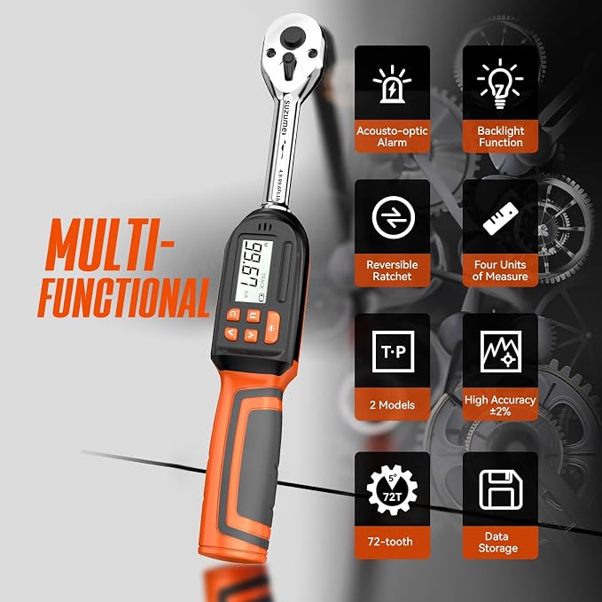 Digital Torque Wrench 3/8 Drive (5.02-99.57 Ft. Lb / 6.8-135 N.m) | ±2% Accuracy,Buzzer and LED Alert,Electric Display,Peak & Track,Foot / Inch Pound,Automotive,Car, Moto,Spark Plug,Engine,Bike