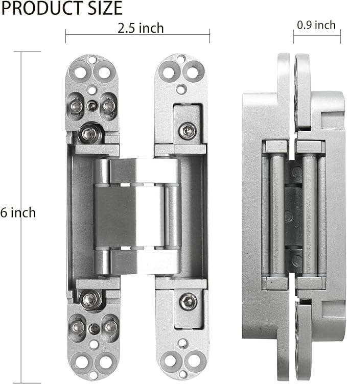 4-Pack 6 inch Hidden Door Hinges Heavy Duty Silver, Invisible Concealed Hinges Zinc Alloy 6''x 2.5''x1Inch, 180 Degree Swing Hinge, 3 Way Adjustable Hinge with Pins and Screws