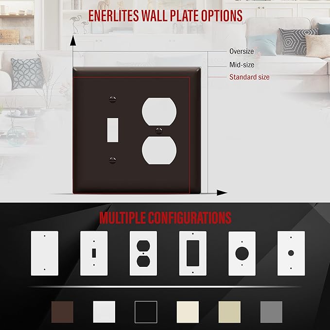 ENERLITES Combination Toggle Light Switch/Duplex Receptacle Outlet Wall Plate, Mid-Size 2-Gang 4.88" x 4.92", Polycarbonate Thermoplastic, 881121M-BR, Brown