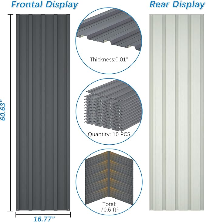Metal Roof Panels 10 pcs 5ft Length Galvanized Steel Corrugated Tin Roofing Panels Gazebo Top Cover Garages,Sheds, Stables and Mobile Homes Replacement for Patio Outdoor Garden, Gray
