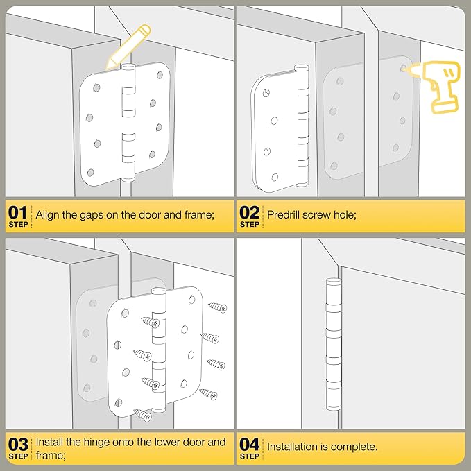 KOLET Gold Door Hinges, 4 x 4 Inches Ball Bearing Door Hinges, 5/8'' Radius Corner Hinges, Heavy Duty Stainless Steel, Smooth and Quiet, Non Removable Pin, Satin Gold, 6 Pack