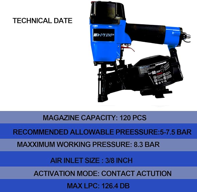 CN45N Roofing Nailer with 100Ft Air Hose, 15 Degree Roofing Nail Gun, 3/4-Inch to 1-3/4-Inch Coil Nails, 120-pcs Load Capacity Coil Nailer in Blue