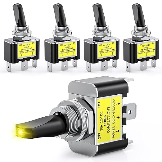 Nilight 5PCS LED Toggle Switch ON Off 12V 30A Yellow Lighted Metal Heavy Duty SPST 3 Pin Rocker Switches 12mm Mounting Hole for Automotive Cars Trucks Boats Racing Cars