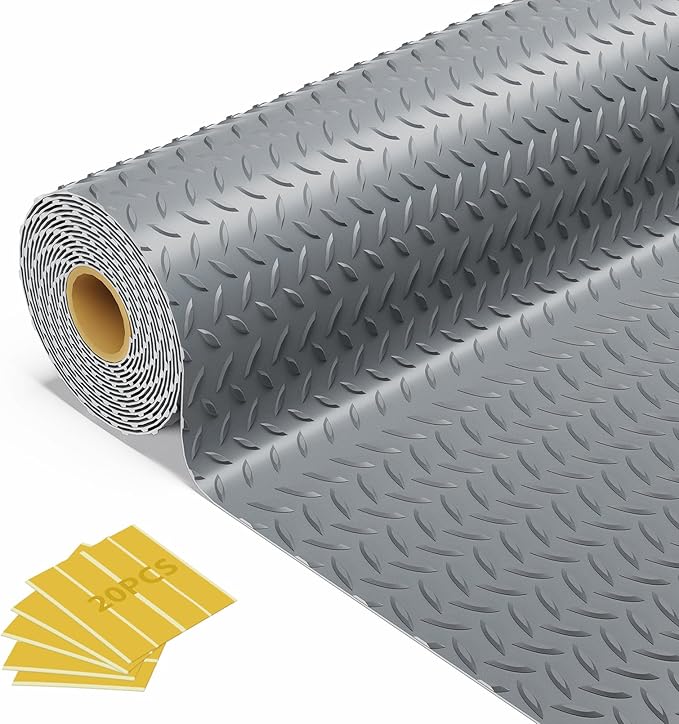 8x20 FT Garage Floor Mat, 2.8mm Thickened Flooring Roll for Under Car Diamond Plate PVC Rubber Mat with 20 Pcs Tapes, Non-Slip Floor Mat for Garage, Warehouse, Gyms, Trailer,Grey