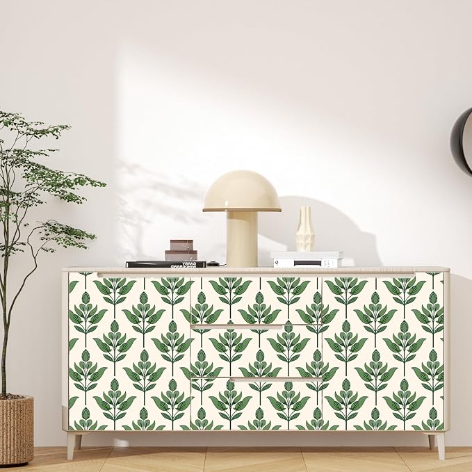 BOKEBEVE Super Long Boho Leaf Wallpaepr Peel Stick Green Beige 17.5 x 787In | Leaves Contact Paper Boho Wallpaper for Accent Wall Bedroom Bathroom Drawer Modern Waterproof Removable