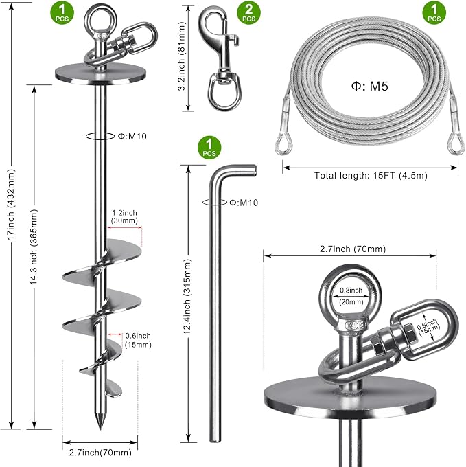 SELEWARE Dog Tie Out Cable and Stake, Dog Anchor with 15FT Heavy Duty Cable | 17" Long Anti-Rust Heavy Duty Dog Stake for Large Dogs up to 220 lbs, Easy Install with Twist Rod for Yard, Camping Outside