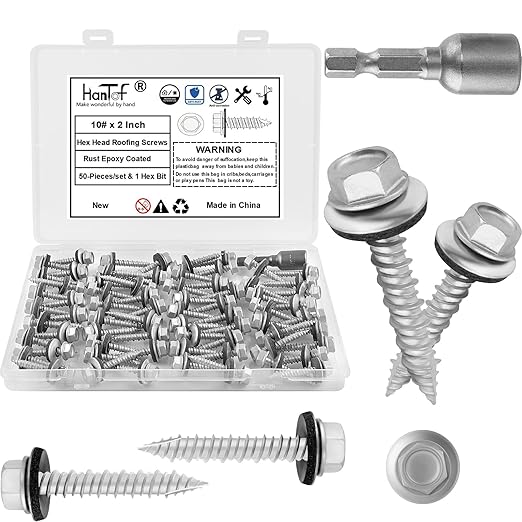 Metal Roofing Screws #10 × 2 Inch, 50-PCS, Hex Head Rustpert Coating Sheet Metal to Wood Siding Screw with EPDM Rubber Washer, Sharp Point, Hex Socket Included