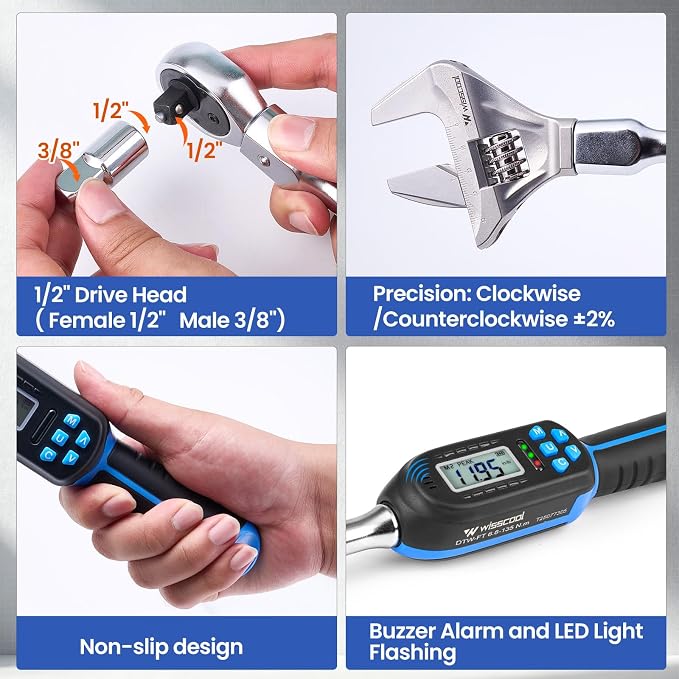 Digital Torque Wrench, 5-99.6 ft.lb/6.8-135 N.m | HVAC Torque Wrench with 42mm Jaw, 1/2 Drive Ratchet 3/8 Adapter ±2% Accuracy, Vibration Buzzer, LED Indicator for Split AC