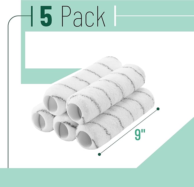 Bates- Paint Roller Covers, 9", Grey Stripes, 5 Pack, Covers for Paint Rollers 9 Inch, 9 Inch Paint Roller Covers, Paint Roller Cover, Paint Roller Covers 9 Inch, Large Paint Roller Covers