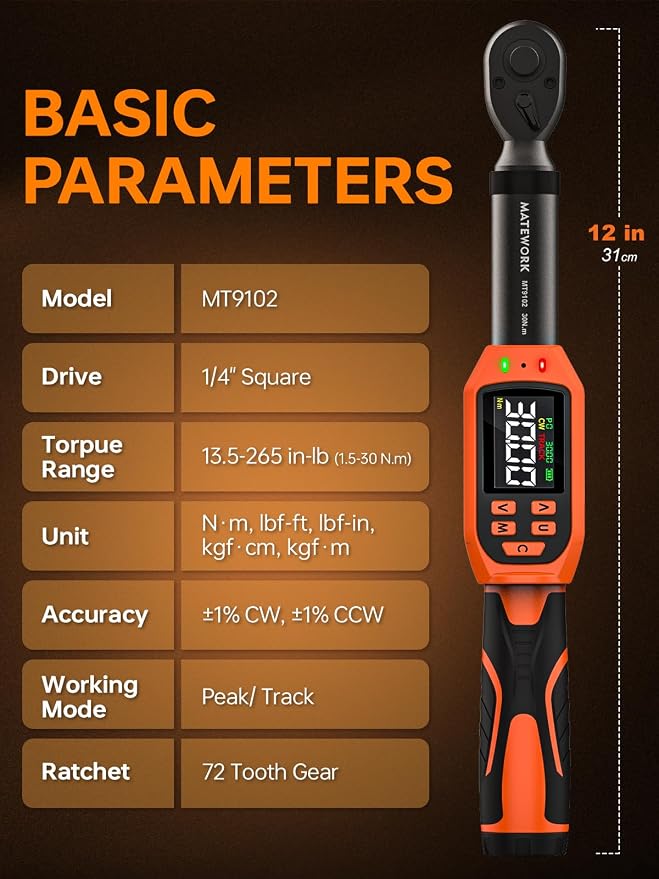 Matework 1/4 Torque Wrench Digital, (13.5-265 In-Lb/1.5-30 Nm), 12Pcs Inch Pound Digital Torque Wrench Set with Buzzer & LED Indicator, ±1% Accuracy, Sockets & Adapters for for Bike Moto Gunsmithing
