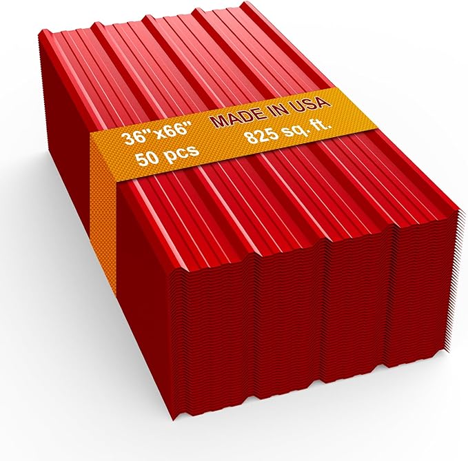 50 Pack PPGI Metal Roofing Panels, 66" x 36", 28 Gauge, 825 Sq. Ft. Coverage, Prepainted Galvanized Steel Sheets for Residential, Commercial, Pergolas, Gazebos, Fencing, and Patio Roofs（Red）