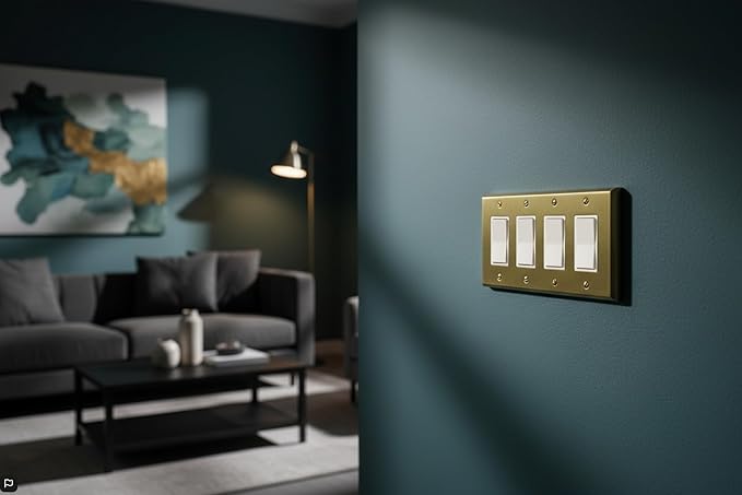 Rio Salto BRASS Deco Collection Standard Size 4-Gang Quad Rocker Gold Decorator Switch of Receptacle Wall Plate Cover Light Switch Wallplate Covers 4 Gang GFCI Brushed Brass Rocker Metal