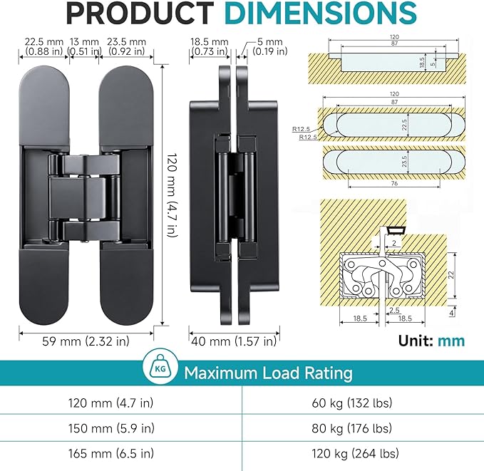 4.5" Hidden Door Hinges, Invisible Concealed Hinges, 180° Swing Adjustable Butt Hinge, Silent Operation, Ideal for Secret Rooms, Bookcase Doors & More (Black, 2 Pack)