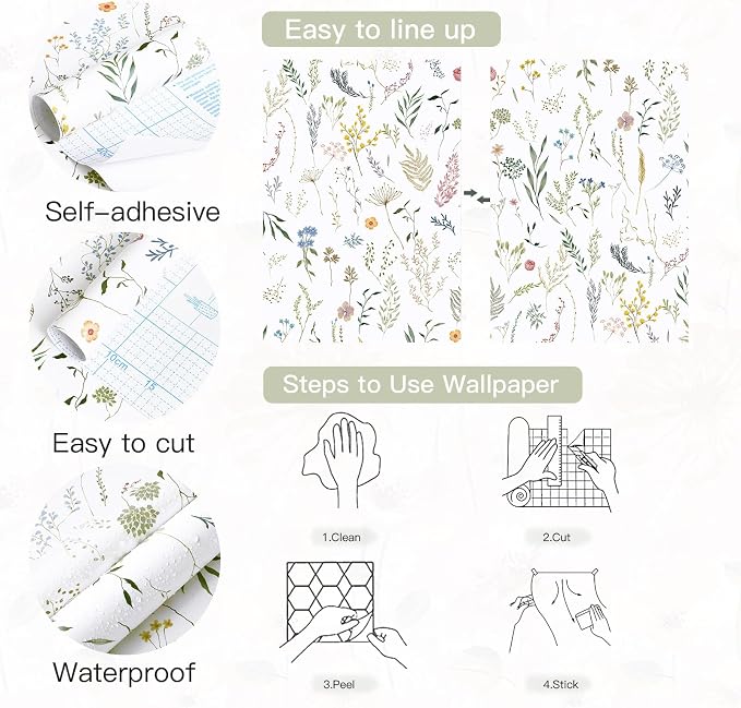 Dimoon 78.7"x16.1" Floral Peel and Stick Wallpaper White Contact Paper Thicken Wallpaper Delicate Flower Waterproof Green Leaf White Self Adhesive Removable Wall Paper Shelf Liner Decal Vinyl Roll