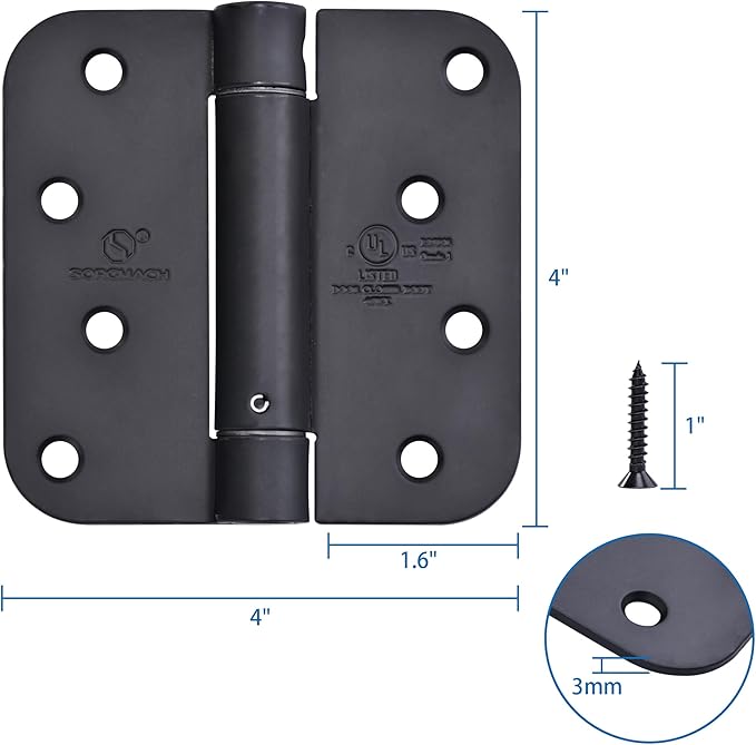 3 Pieces Self Closing Door Hinges 4 inch Matte Black Auto Close Hinge Adjustable 4 x 4 Inch Spring Hinges 5/8" Radius Corner Commercial Door Closer Hinge