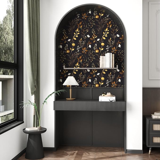 Black Floral Leaf Vintage Wallpaper Peel and Stick 17.5" × 118" | Self Adhesive/Removable/Waterproof/Thick Vinyl Contact Paper for Bathroom Bedroom Shelf Cabinet Drawer,Prepasted,Easy Peel