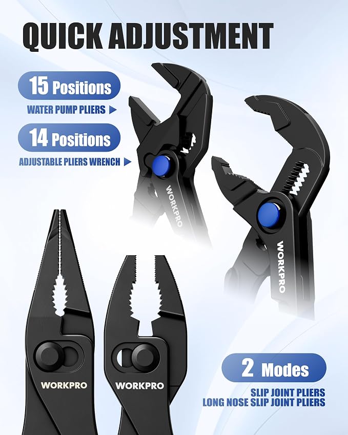 WORKPRO 4-Piece Mini Pliers Set with Pouch, Pocket Pliers, EDC Tool Gift | 4-Inch Plier Wrench, Slip Joint Plier, Water Pump Plier, 4.5-Inch Long Nose Slip Joint Plier, Alloy Steel, Anti-Rust Coating
