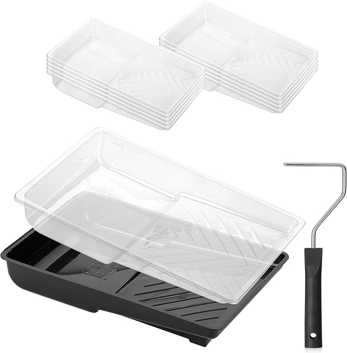 Bates- 6 Inch Paint Roller Tray Set, 12 pcs, 6 Inch Paint Tray Kit, 1x Black Plastic Paint Tray, 10x Transparent Liners & 1x 4 Roller Frame