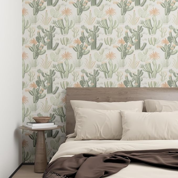 Light Cactus Floral Peel and Stick Wallpaper 17.5" x 118",Beige | Self Adhesive/Removable/Waterproof/Thick Vinyl Contact Paper for Bathroom Bedroom Shelf Cabinet Drawer,Prepasted,Easy Peel