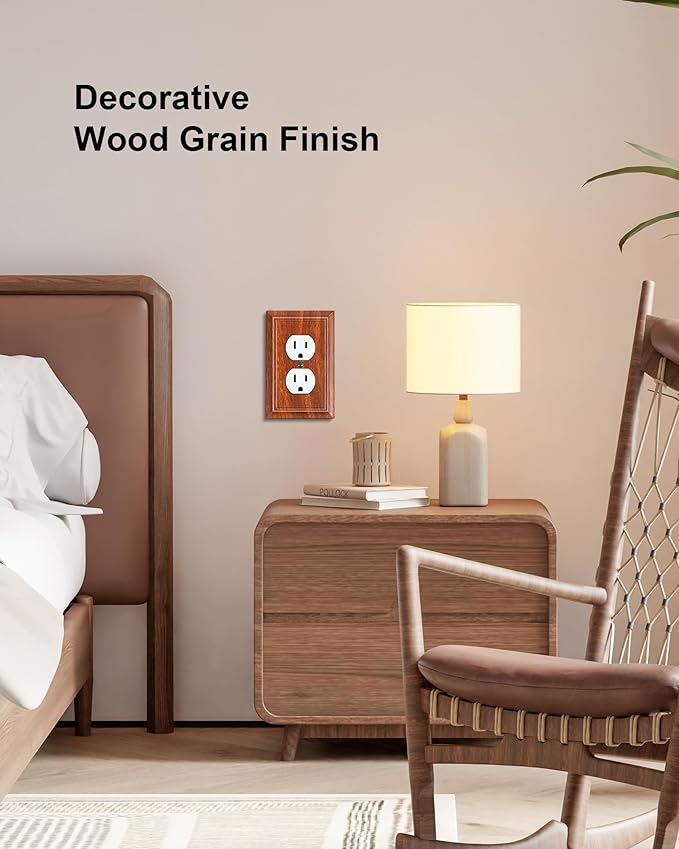 4-Pack Duplex Outlet Cover Plate, Decorative Wood Grain Switch Plates and Outlet Covers, Natural Bamboo Fiber Wall Plates for Electrical Outlets, 1 Gang Receptacle Cover, Corrosion Resistant