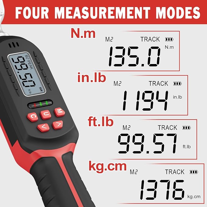 VANPO Digital Torque Wrench 3/8-Inch Drive, 5-99.5 ft-lb, for Motorcycle | 6.8-135Nm, ±2% Accuracy, Electronic Torque Wrench with Preset Value, Buzzer and LED Notification for Automotive & Bicycle