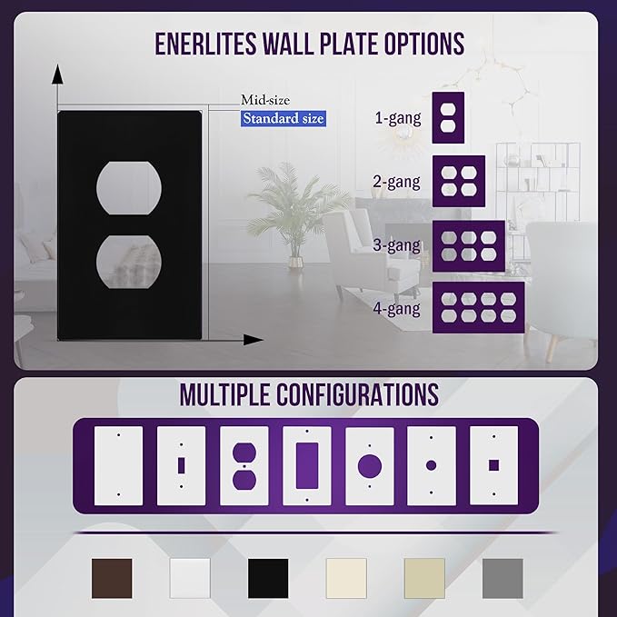 ENERLITES Screwless Duplex Wall Plate, Child Safe Receptacle Outlet Cover, Standard Size, 1-Gang 4.68" x 2.93", Unbreakable Polycarbonate Thermoplastic, UL Listed, SI8821-BK-5PCS, Black, 5 Pack