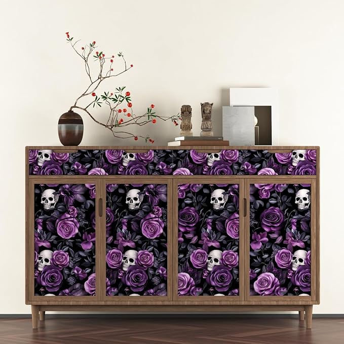Gothic Dark Purple Skull Floral Wallpaper Peel and Stick 17.5"x393" | Self Adhesive/Removable/Waterproof/Thick Vinyl Vintage Contact Paper for Bathroom Bedroom Shelf Cabinet Drawer,Prepasted
