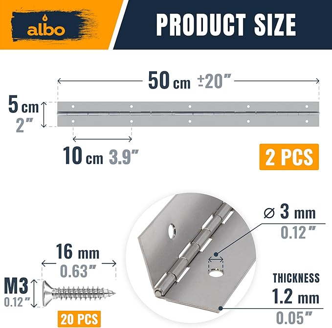 ALBO 20 Inch Silver Heavy Duty Piano Hinge Continuous Stainless Steel 304 (2-Pack), Surface Mount Cabinet Hinges Silver 20"x2" for Counter Flap, Workshop Storage, Toy Chest & File Cabinet