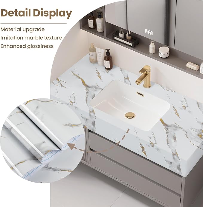 practicalWs Glossy Marble Wallpaper Peel and Stick White/Gold Granite Contact Paper Removable Wall Paper for Kitchen Countertop Cabinet Furniture 17.7" x 196.8"