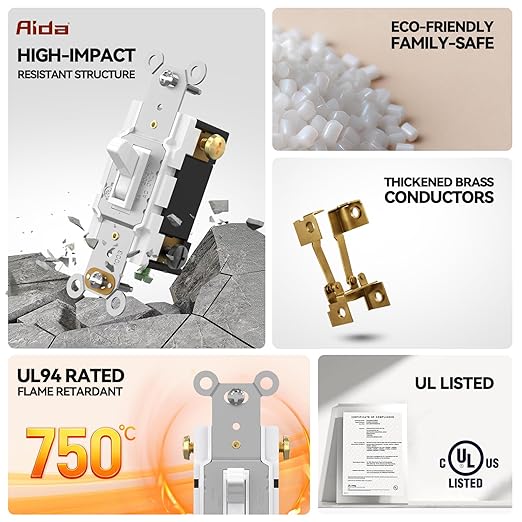 AIDA 1 Pack 4 Way Toggle Light Switch, 15 Amp, 120 Volt, Toggle Framed AC Quiet Switch, in Wall On/Off Switch Replacement, Self-Grounding, Residential and Commercial Grade, UL,Glossy White