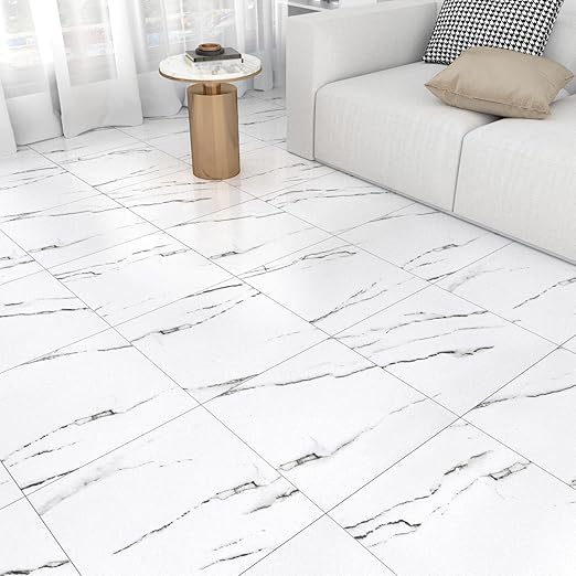 WESTICK 20 Tiles White Marble Floor Tile Bathroom Vinyl Tiles Peel and Stick Floor Waterproof Marble Vinyl Flooring Tile Removable Sticky Tile for Kitchen Bedroom Living Room Grey White 12" x 12"