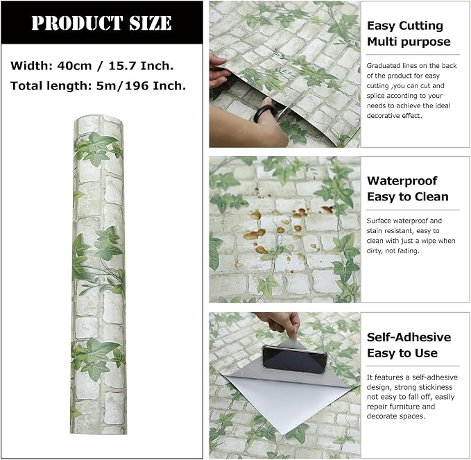 Brick Wallpaper Peel and Stick 3D Brick Stone Self Adhesive Removable Contact Paper Backsplash for Bathroom Garage Living Room Contact Paper Removable for Decorative Vinyl 15.7"x196"