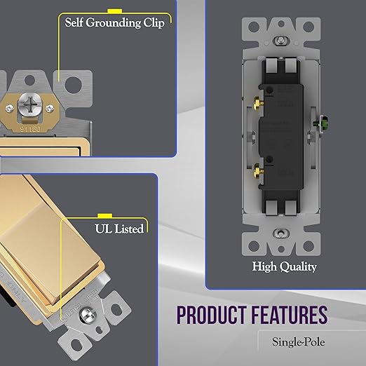 ENERLITES Elite Series Decorator Rocker Light Switch, 15A 120V/277V, Gloss Finish, Single Pole, 3 Wire, Grounding Screw, Residential Grade, UL Listed, 91150-GD2P, Gold Color (2 Pack)