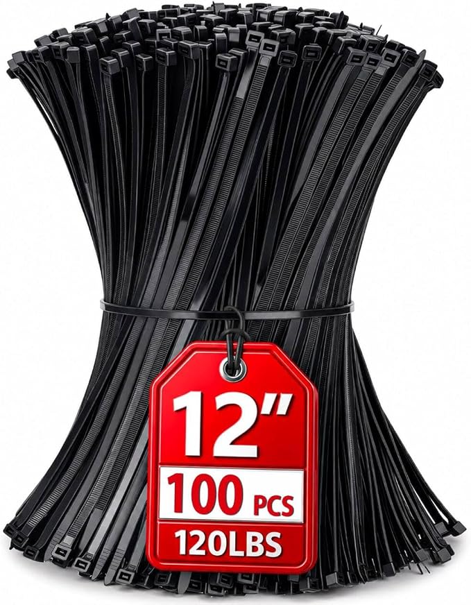 Zip Ties 12 inch, 100 Pack Heavy Duty Black Zip Ties with 120 lbs Tensile Strength, Self-Locking Nylon Cable Ties,Wire Ties for indoor and outdoor use.