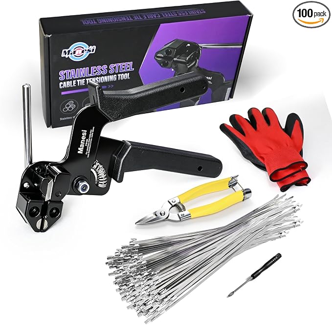 106PCS Heavy Duty 304 Stainless Steel Cable Tie Gun Kit, Includes 100PCS 11.8 Inch Metal Zip Ties, Self-Locking, UV & Corrosion Resistant, for Fence, Exhaust Pipe, Chicken Coop, Farm Use