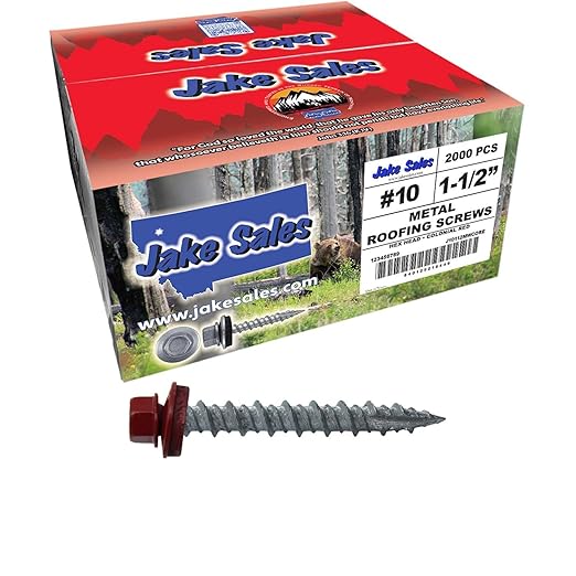Metal Roofing Screws: (2000) 10 x 1-1/2" Colonial Red Hex Head Sheet Metal Roof Screw. Self Starting Metal to Wood siding Screws. EPDM Washer. Colored Head