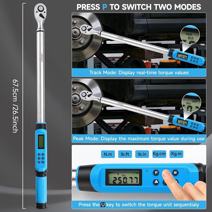 DISEN 1/2" Digital Torque Wrench 17-340Nm 4 Mode Alert 5 Unit ±2% Accuracy | Chrome vanadium steel | Adjustable torque limits | LED display | Buzzer notification | For automotive motorcycle bike