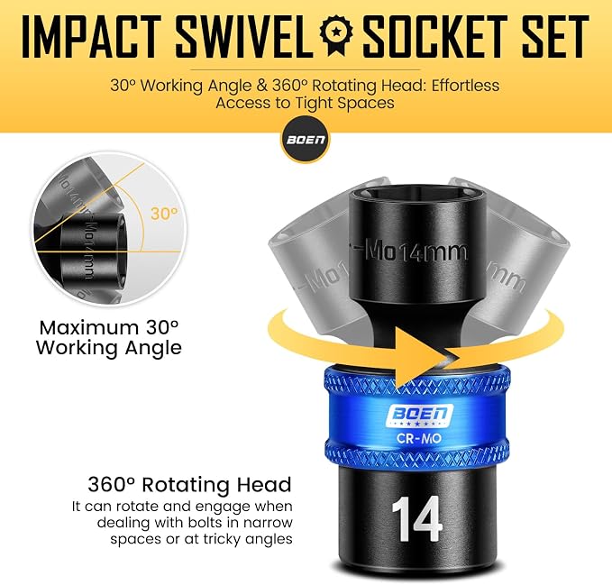 BOEN 14-Pieces 3/8 Inch Drive Impact Swivel Socket set, Metric (10-19mm) & SAE (3/8”- 3/4”) Universal Wobbly Sockets With Cr-Mo Steel, 6-Point Shallow Universal Joint Socket for Tight Spaces