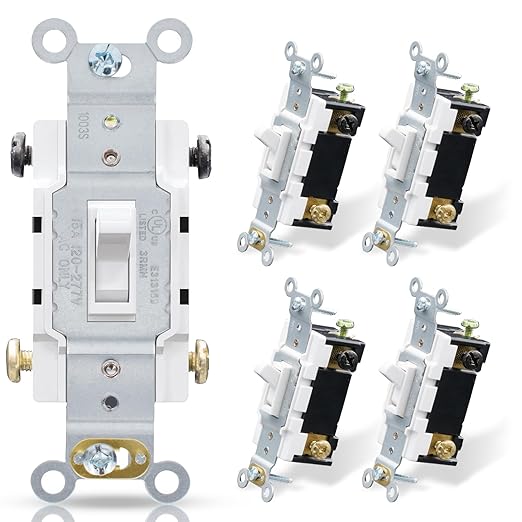 ELEGRP 4 Way Toggle Light Switch, 15 Amp, 120-277V, Toggle Framed AC Quiet Switch, in Wall On/Off, Self-Grounding, Residential and Commercial Grade, UL Listed (5 Pack, Glossy White)