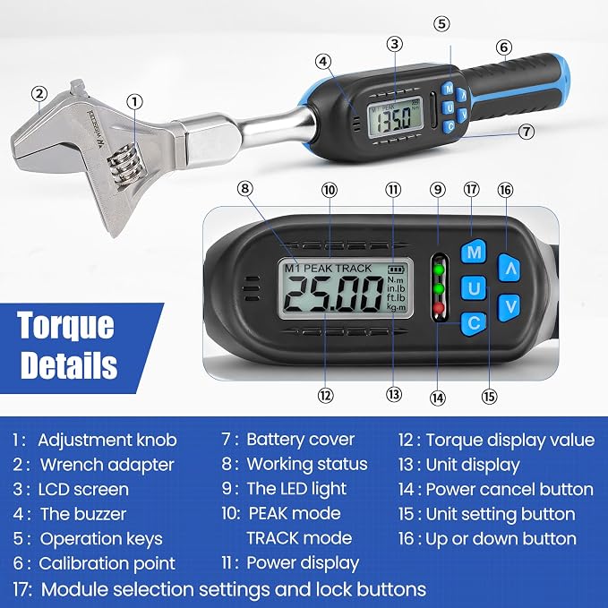 Adjustable Digital Torque Wrench, 5-99.6 ft.lb/6.8-135 N.m | Hvac Torque Wrench with 42mm Jaw, ±2% Accuracy, Vibration, Buzzer and LED Indicator for Split AC, Moto, Car