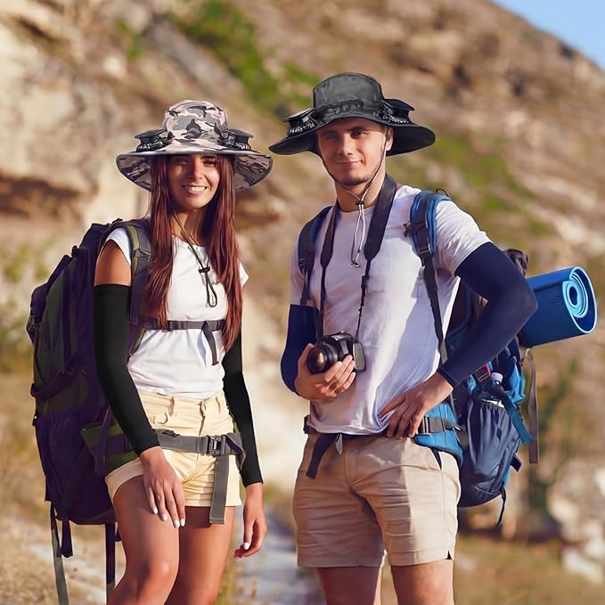 Glitopper 2 Set Wide Brim Solar Fan Hats with 2 Solar Fan and Arm Sleeves Set Outdoor Fishing Bucket Hat for Men Women Hiking